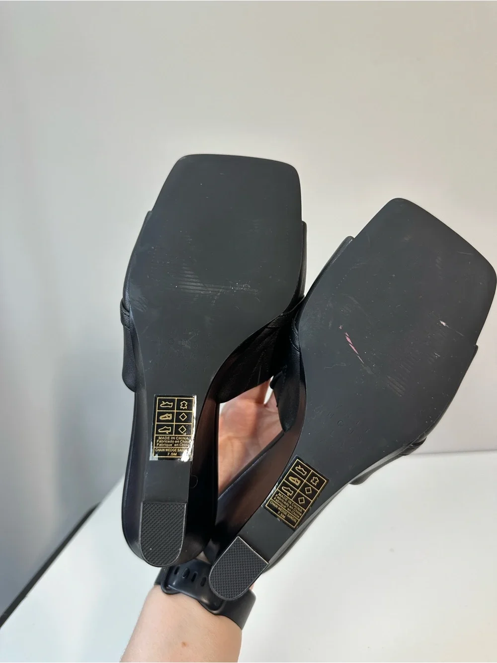 WHBM Black Wedges with Chain Accents Size 7.5 Square Toe Contemporary